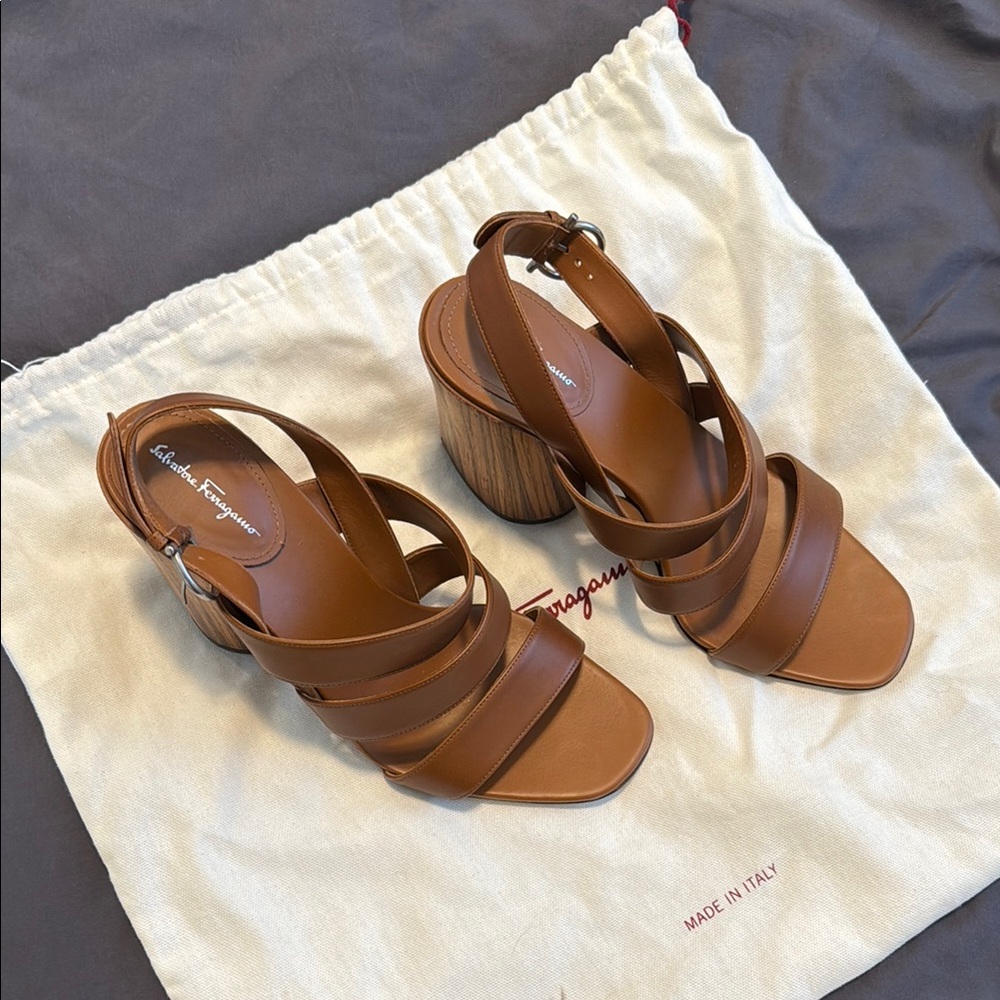 Salvatore Ferragamo Brown Sandal Block Heel Calfskin (W9.5)